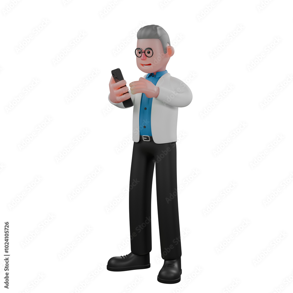Illustration of Male Science Professional. A male physicist stands holding a cellphone in his right hand and his left hand is in front of the screen. 3D Physicist Illustration of Male Science Professional. A male physicist stands holding a cellphone in his right hand and his left hand is in front of the screen. 3D Physicist