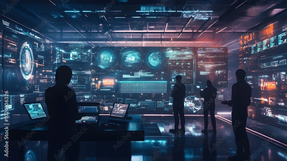 Group of people operating futuristic GUI. Group of people operating futuristic GUI.