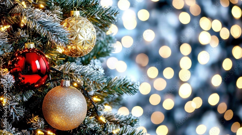 Festive Christmas Tree with Ornaments and Bokeh Lights Festive Christmas Tree with Ornaments and Bokeh Lights
