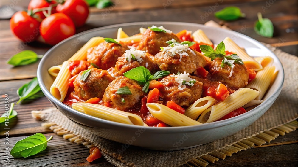 Italian penne pasta in tomato sauce with meatballs and parmesan Italian penne pasta in tomato sauce with meatballs and parmesan
