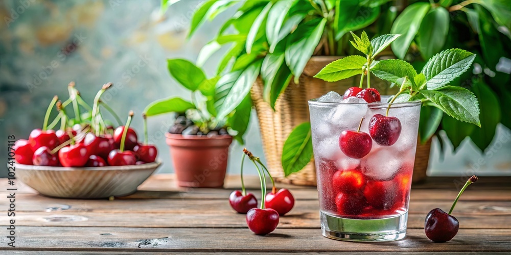 A refreshing glass of cherry-infused water with ice cubes, garnished with fresh mint, sits on a wooden table surrounded by ripe cherries and a potted plant