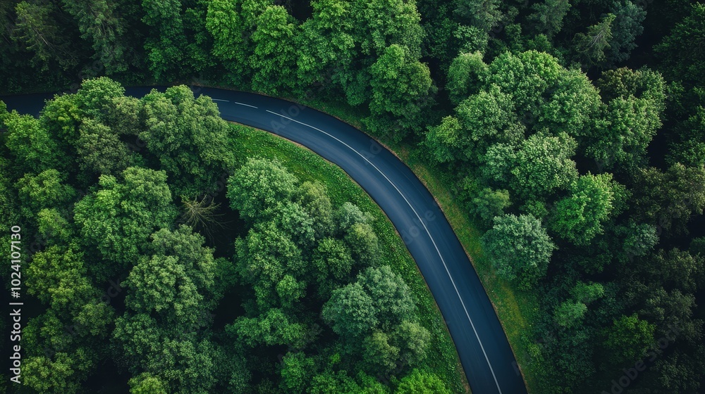 Winding Road Meanders Through Lush Green Forest Under a Clear Blue Sky in the Warmth of the Afternoon Sun Winding Road Meanders Through Lush Green Forest Under a Clear Blue Sky in the Warmth of the Afternoon Sun
