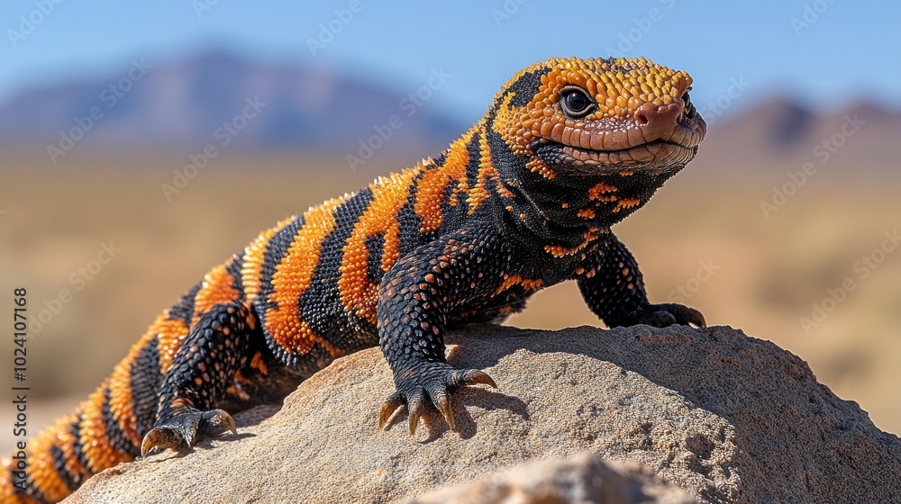 Fototapeta premium A black and orange lizard with a smiling face perched on a rock in a desert setting.
