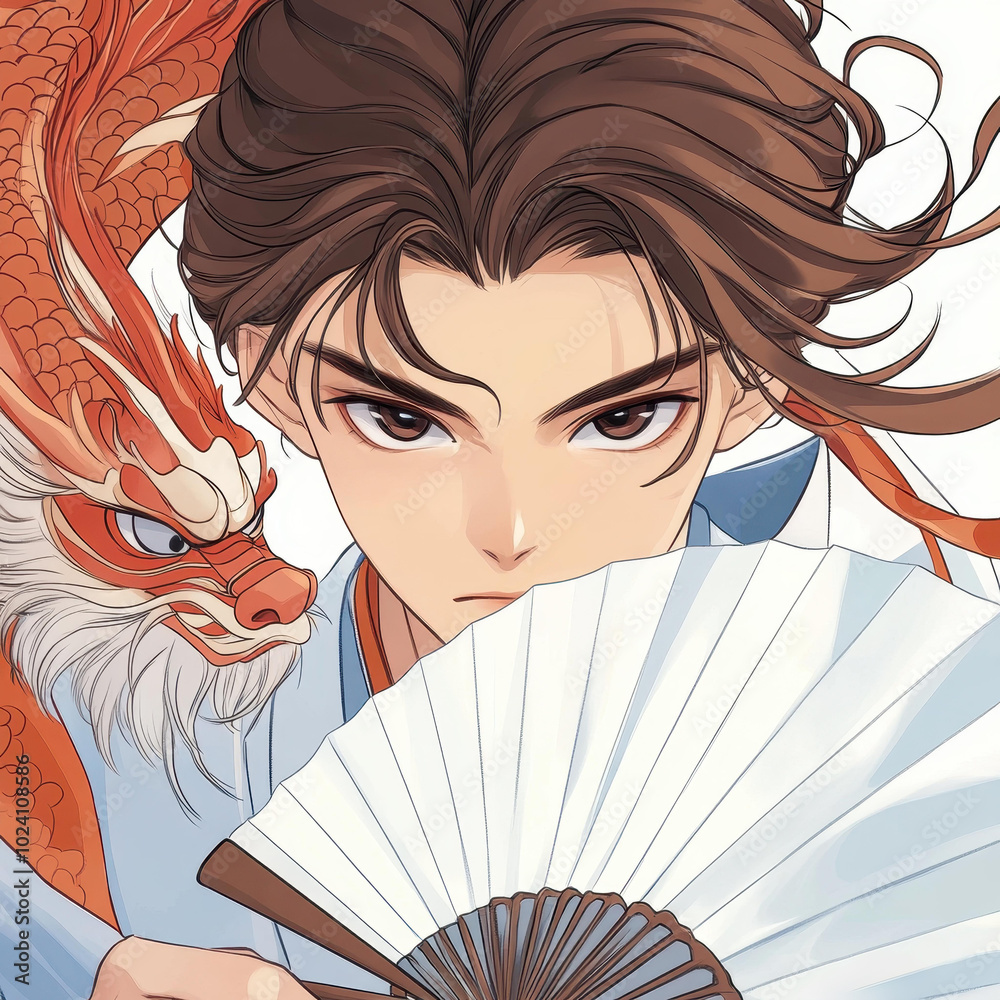 Φωτογραφία A stylish teenager in hanfu holds a fan featuring a cute dragon, partially hiding his handsome face