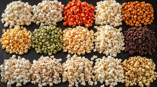 A rich variety of flavored popcorn piles in multiple colors and textures, arranged in neat rows on a dark surface. photo