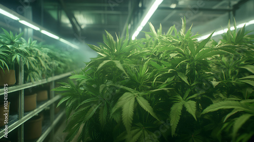 A close-up of cannabis plants growing in a well-lit indoor facility.