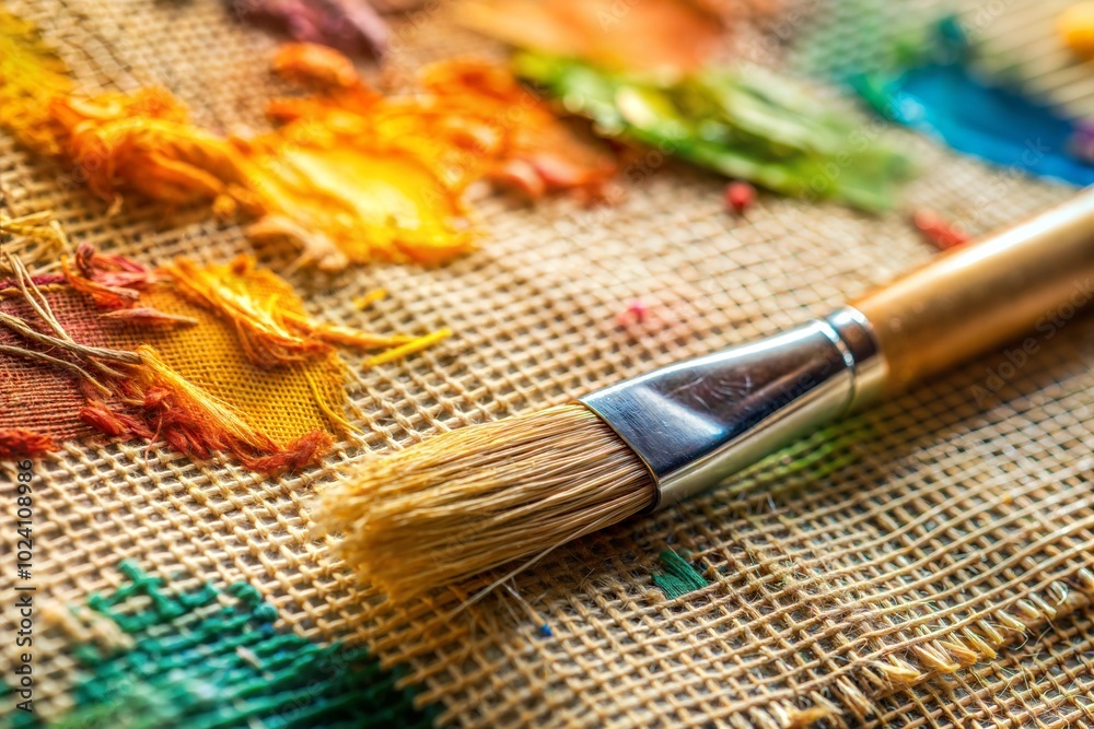 Obraz premium Paintbrush on palette with dried paint on textured canvas