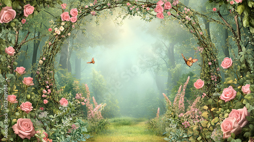 Enchanting forest fantasy with intricate floral frame and pink roses