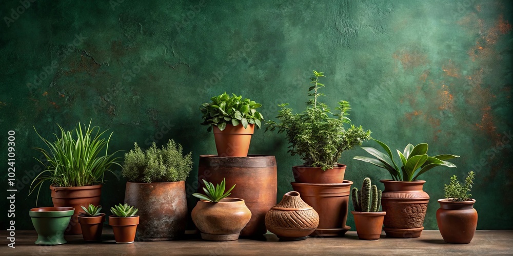 A rustic collection of potted plants arranged against a deep green background, showcasing a variety of textures and shades of green. A rustic collection of potted plants arranged against a deep green background, showcasing a variety of textures and shades of green.