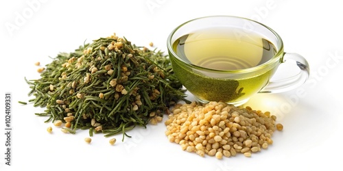 Japanese green tea Genmaicha with roasted brown rice isolated on white background photo