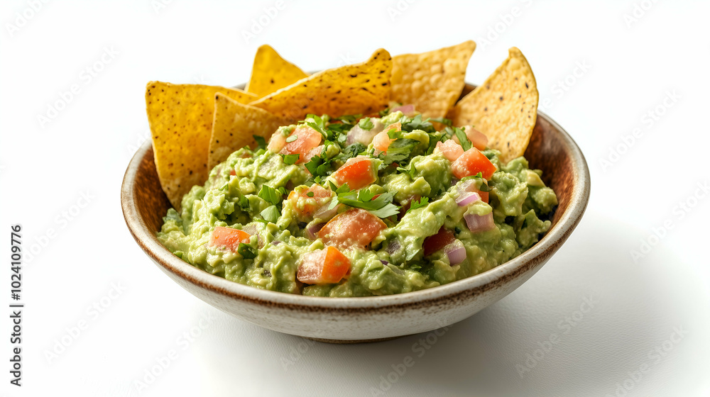 A bowl of creamy guacamole topped with diced tomatoes, red onions, and cilantro, served alongside crispy tortilla chips. A fresh and flavorful dip perfect for snacking or appetizers.