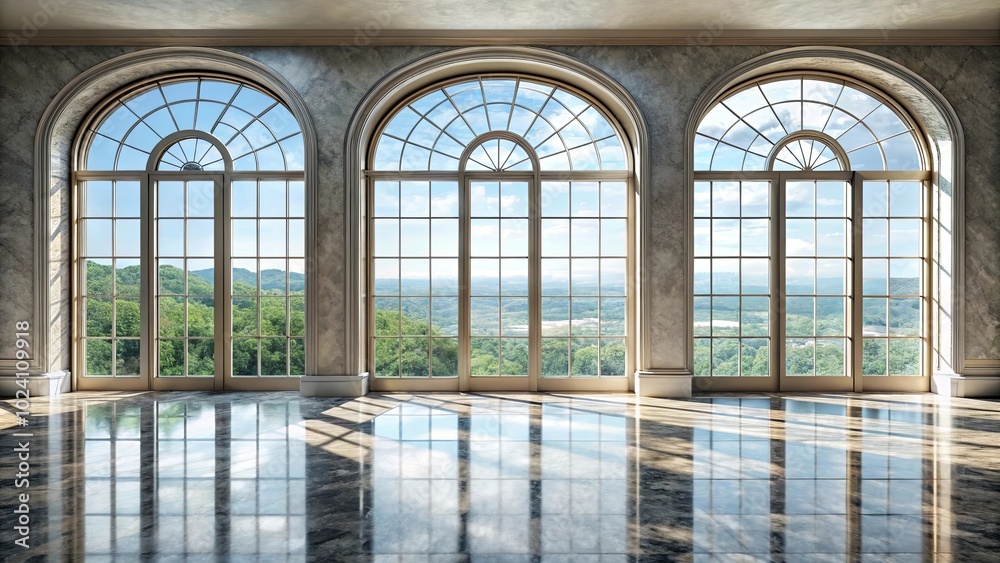 A spacious interior with three arched windows framing a view of rolling hills and a distant valley, sunlight illuminating the polished floor A spacious interior with three arched windows framing a view of rolling hills and a distant valley, sunlight illuminating the polished floor