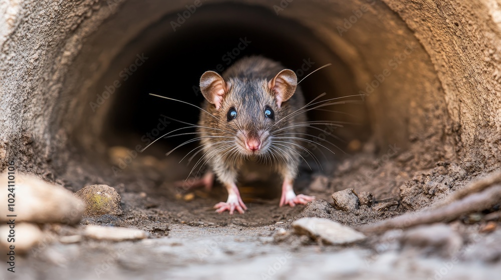 A Curious Little Rat Peeking From Its Underground Burrow on a Sunny Afternoon A Curious Little Rat Peeking From Its Underground Burrow on a Sunny Afternoon