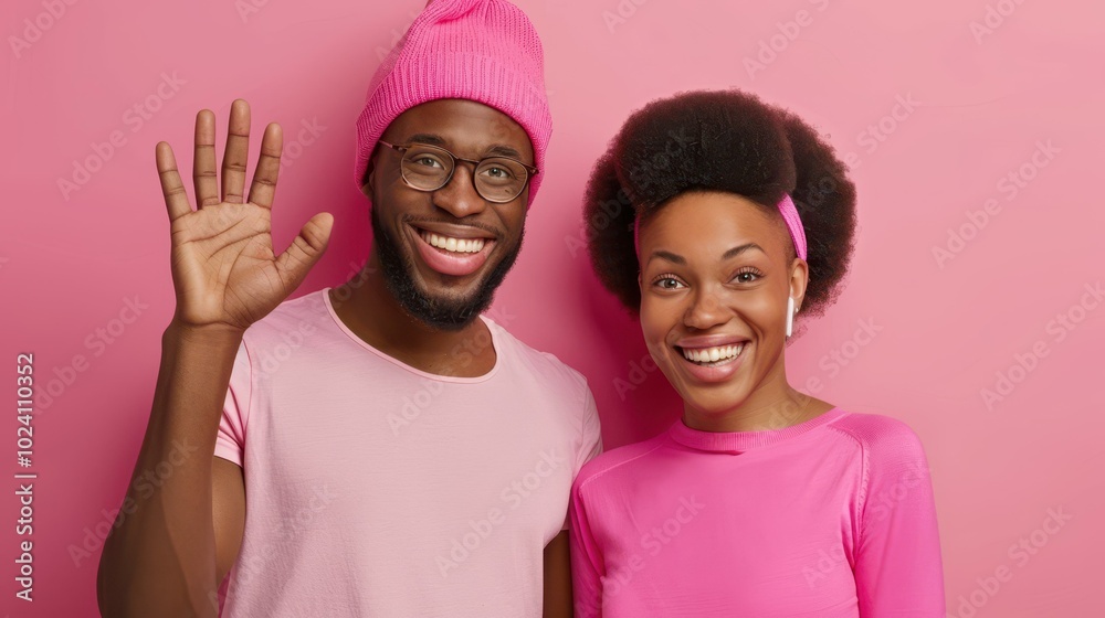 A cheerful young couple waves to friends on a video call, sharing smiles and warm greetings from their cozy home. A cheerful young couple waves to friends on a video call, sharing smiles and warm greetings from their cozy home.