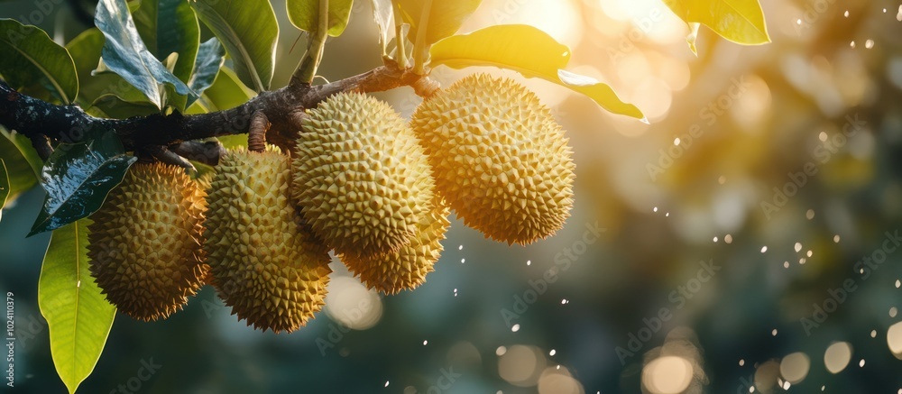 Close-up of ripe durian fruits hanging from a tree branch, bathed in warm sunlight with a blurred background.