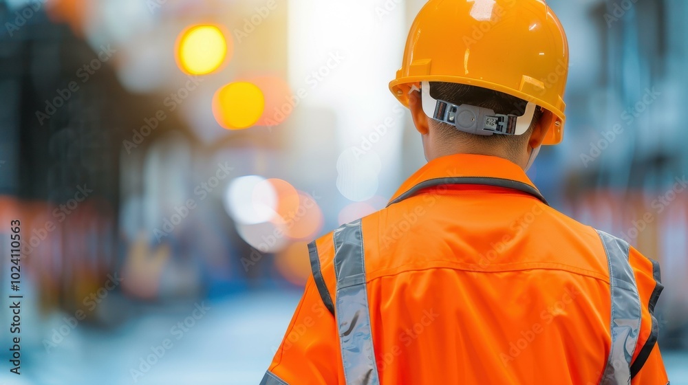 A construction worker clad in an orange helmet and reflective jacket stands in front of a blurred city backdrop, symbolizing urban progress. A construction worker clad in an orange helmet and reflective jacket stands in front of a blurred city backdrop, symbolizing urban progress.