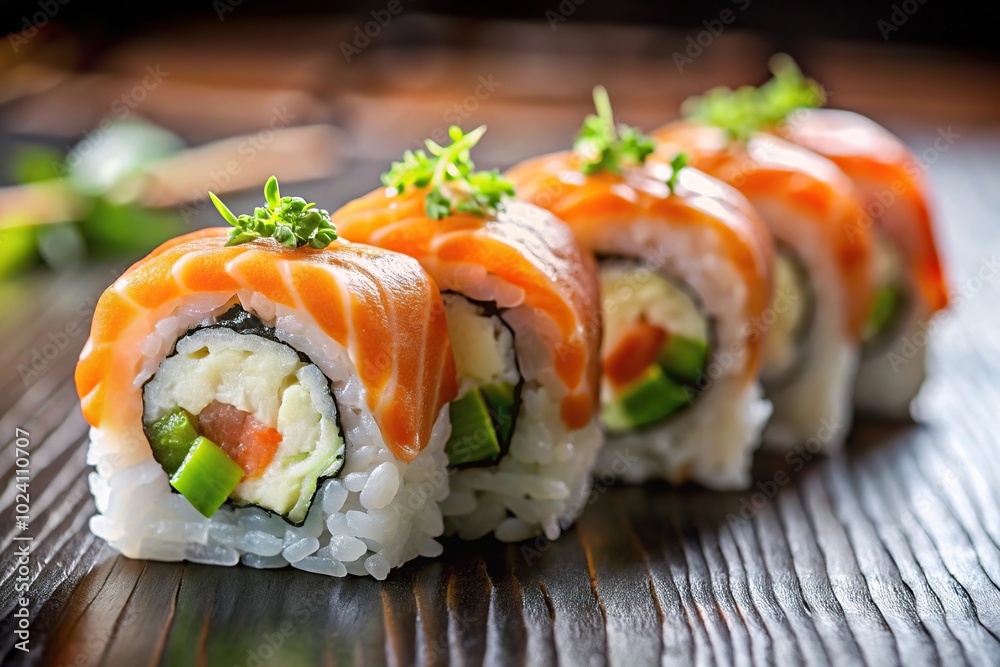 Japanese uramaki sushi rolled with fresh salmon on plate Japanese uramaki sushi rolled with fresh salmon on plate