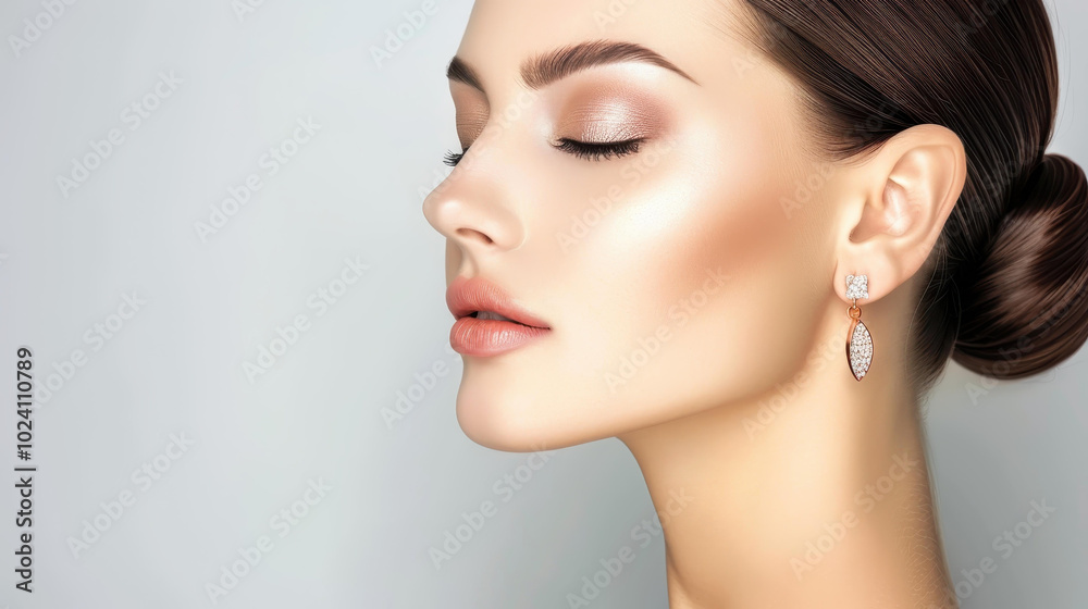 Stunning woman adorned with long earrings, showcasing elegant hairstyle and glamorous evening makeup. Stunning woman adorned with long earrings, showcasing elegant hairstyle and glamorous evening makeup.