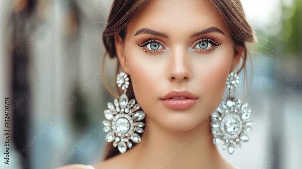 Fototapeta premium Stunning woman adorned with long earrings, showcasing elegant hairstyle and glamorous evening makeup.