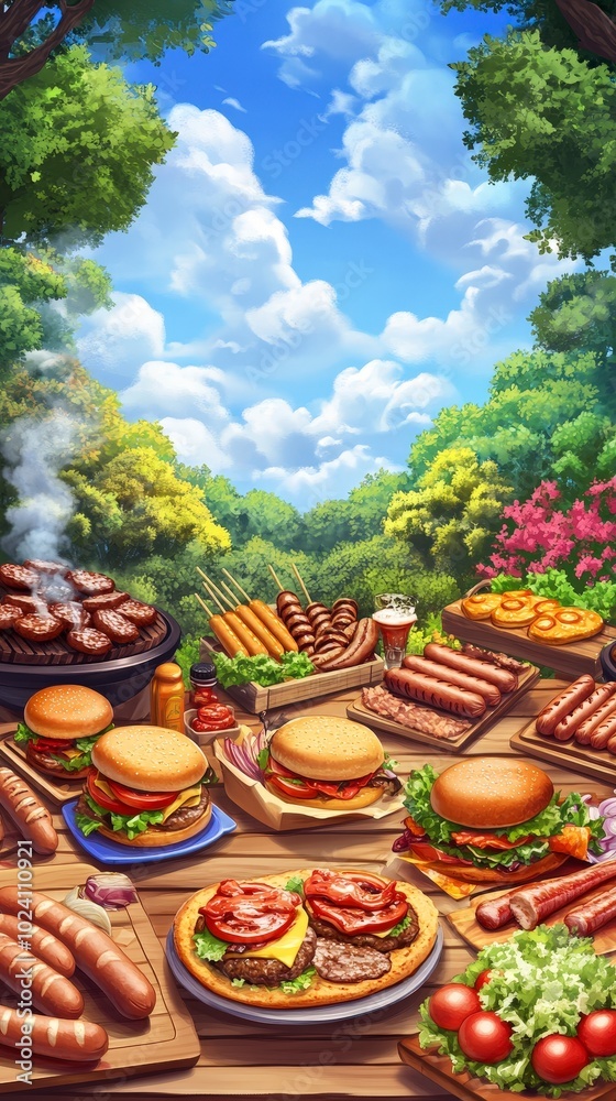 Fototapeta premium Outdoor barbecue feast with burgers and sausages in a sunny setting