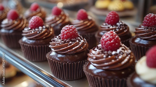 Chocolate cupcakes with raspberries, display case