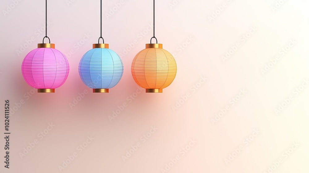 Colorful lanterns hang against a soft background, adding a festive touch with their pink, blue, and orange hues. Colorful lanterns hang against a soft background, adding a festive touch with their pink, blue, and orange hues.