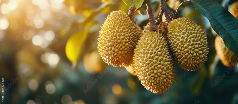 Closeup of ripe durian fruit hanging from a tree branch. Closeup of ripe durian fruit hanging from a tree branch.