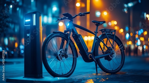 An electric bike stands by a charging station and illuminate