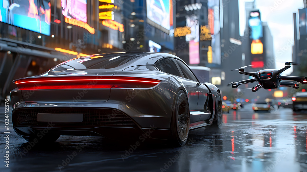 Fototapeta premium Cutting edge electric sedan charging wirelessly in a futuristic smart city surrounded by AI controlled drones and vibrant holographic billboards reflecting on its sleek streamlined body
