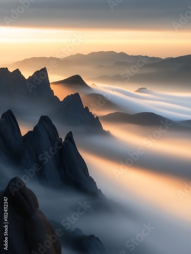 mountains covered fog low clouds sunset person sitting fractal waves inspiring riven large eddies photo