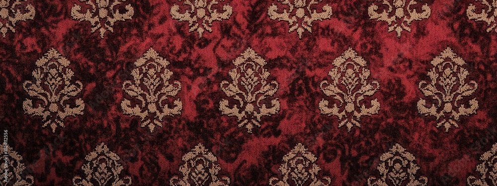 Textured carpet, deep red with intricate patterns, soft fibers, warm room lighting