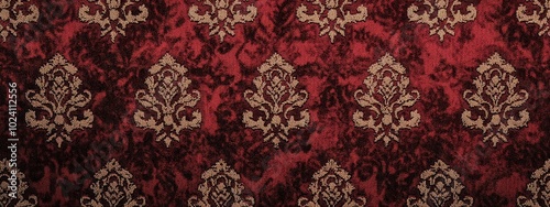 Textured carpet, deep red with intricate patterns, soft fibers, warm room lighting