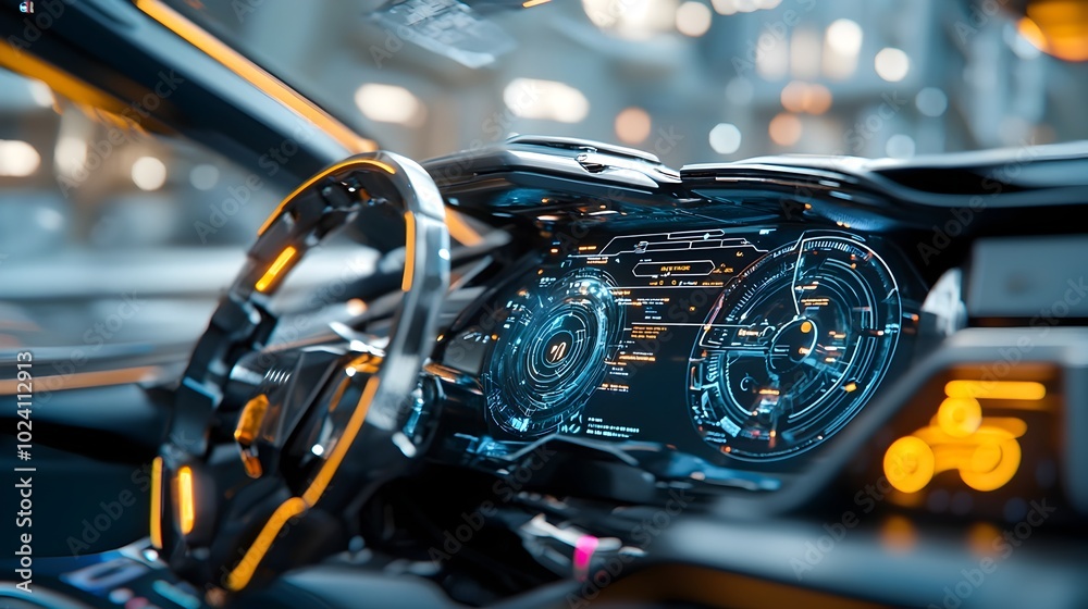 Fototapeta premium Glowing wheels and a holographic dashboard interface create a futuristic high tech look for this innovative vehicle design The abstract