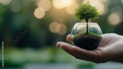 holding small plant vase dirt trees growing body eco friendly theme earth covers lightly parks monuments life beginning round format green living planet seedlings photo