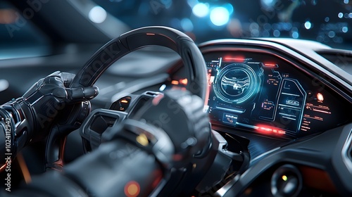 Futuristic 3D rendering of a holographic dashboard interface with glowing luminous wheels and high tech digital elements This sci fi concept showcases a sleek