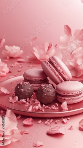 Pink macarons and chocolates with petals on a pink background