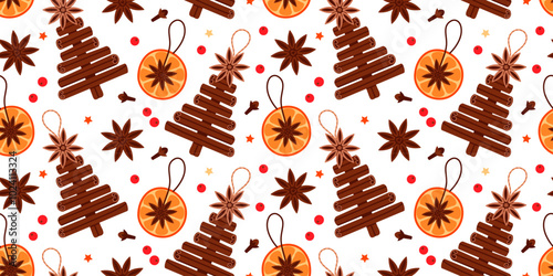 Christmas tree from cinnamon sticks cartoon vector pattern. Handmade christmas pattern of decorations made of spices, DIY. Christmas aroma background with dry anise and cinnamon sticks