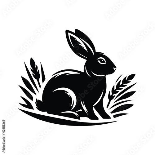 A monochrome drawing of a rabbit with an assortment of carrots and other vegetables nearby