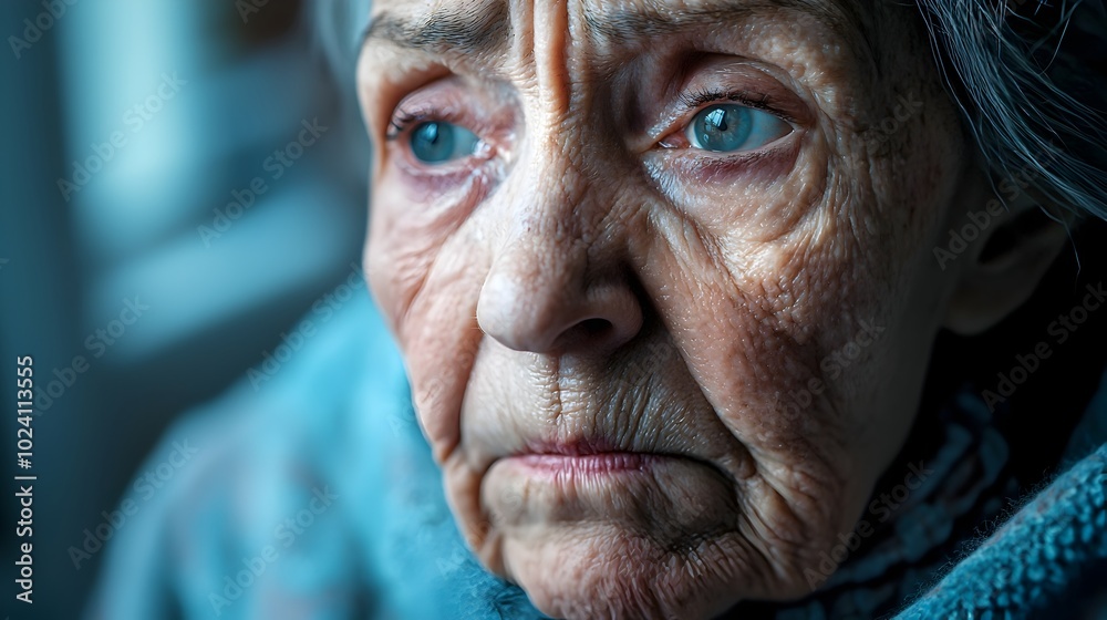 Poignant close up portrait of an elderly woman s face reflecting her deep emotional struggle with sadness anxiety and mental health challenges captured in a sci fi inspired tetradic color scheme Poignant close up portrait of an elderly woman s face reflecting her deep emotional struggle with sadness anxiety and mental health challenges captured in a sci fi inspired tetradic color scheme