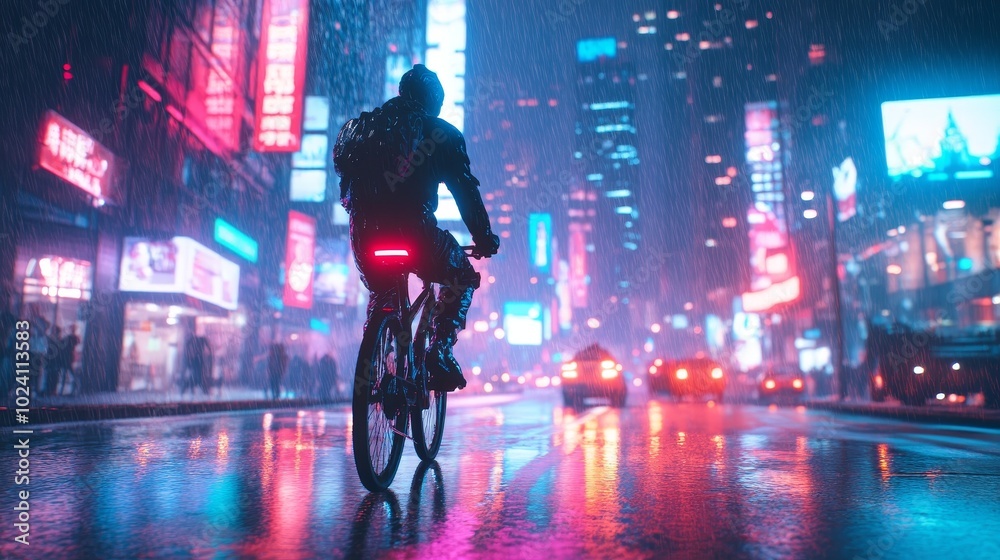 A Cyclist Navigates Through Neon-Lit Streets on a Rainy Night, Surrounded by Vibrant City Lights A Cyclist Navigates Through Neon-Lit Streets on a Rainy Night, Surrounded by Vibrant City Lights
