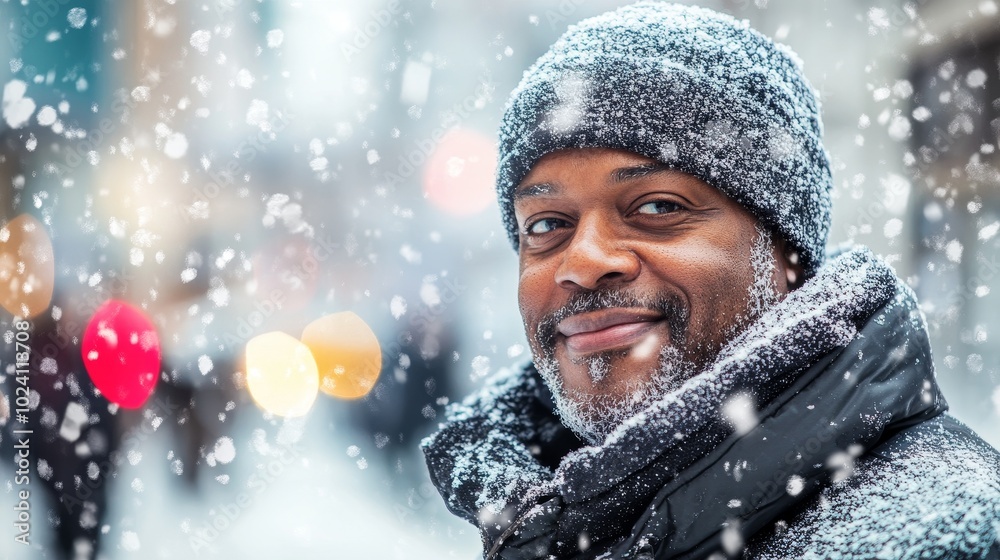 Joyful Winter Portrait of a Smiling Man in a Snowy City Street During the Festive Season Joyful Winter Portrait of a Smiling Man in a Snowy City Street During the Festive Season