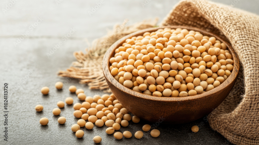 Fototapeta premium bowl of raw soybeans sits on rustic kitchen counter, surrounded by scattered beans and burlap cloth, showcasing natural texture and color of soybeans