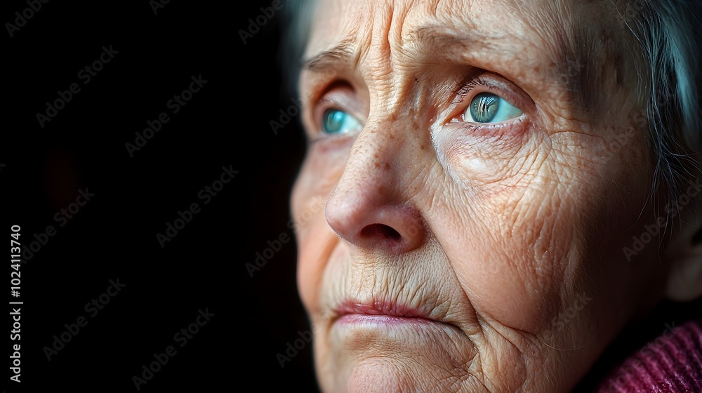 Elderly woman in her home looking down with a distant sad expression reflecting deep feelings of depression and loneliness Elderly woman in her home looking down with a distant sad expression reflecting deep feelings of depression and loneliness