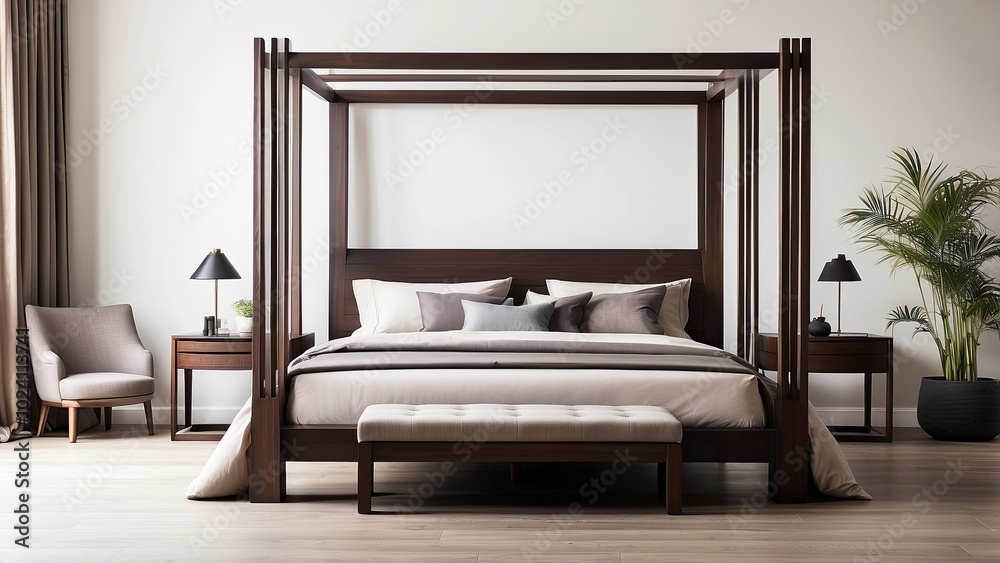 A stylish four-poster bed with a dark wooden finish, featuring clean lines and a contemporary look, isolated on white background A stylish four-poster bed with a dark wooden finish, featuring clean lines and a contemporary look, isolated on white background