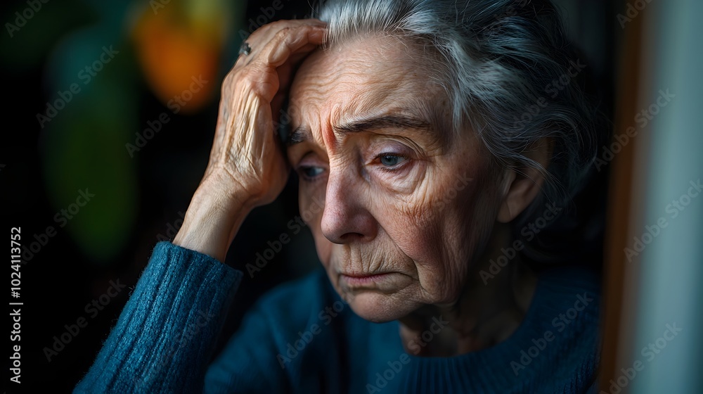 Elderly female sitting alone at home with a distant sorrowful expression deeply reflecting on feelings of depression loneliness and mental health struggles Elderly female sitting alone at home with a distant sorrowful expression deeply reflecting on feelings of depression loneliness and mental health struggles