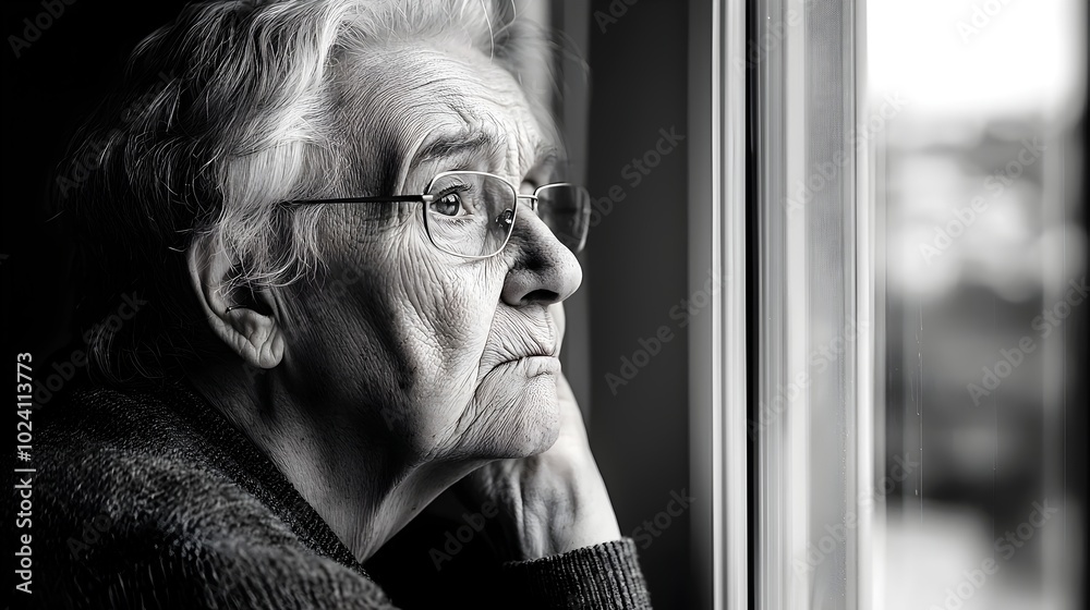 Elderly woman sitting alone at home looking out the window with a sad pensive expression reflecting on her mental health struggles and feelings of loneliness and emotional pain in a futuristic Elderly woman sitting alone at home looking out the window with a sad pensive expression reflecting on her mental health struggles and feelings of loneliness and emotional pain in a futuristic