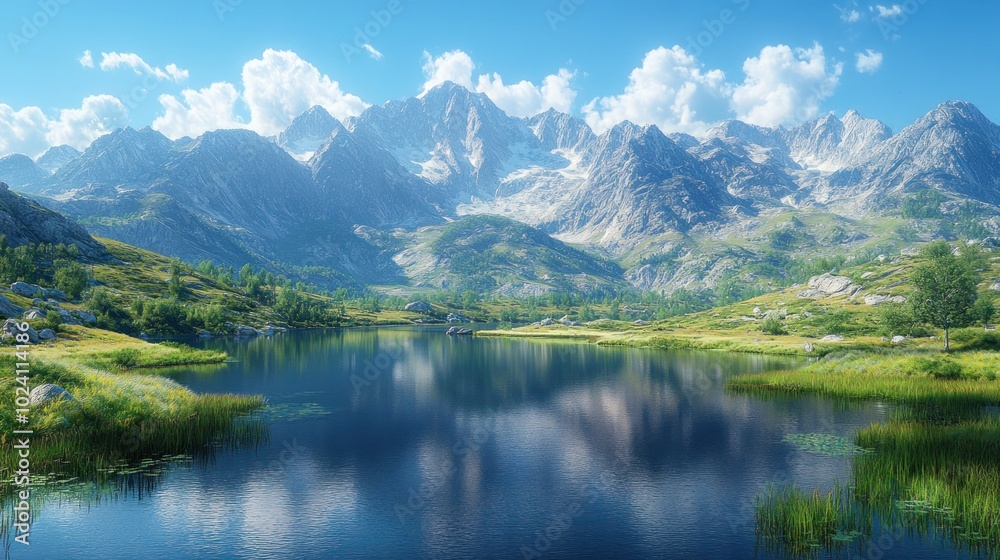 Serene mountain landscape with a reflective lake and lush greenery. Serene mountain landscape with a reflective lake and lush greenery.