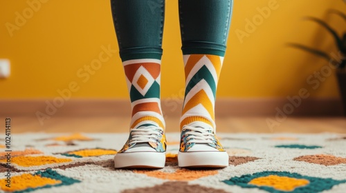 Mismatched socks with playful patterns worn by a person standing on a cozy carpet photo