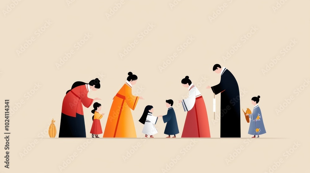 Fototapeta premium A minimalist Seollal illustration with a family in traditional Hanbok bowing to elders