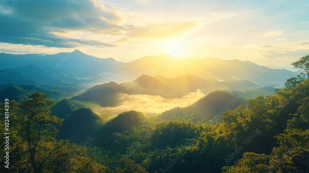 Breathtaking Sunrise Illuminating Misty Mountains and Lush Forests in a Tranquil Landscape